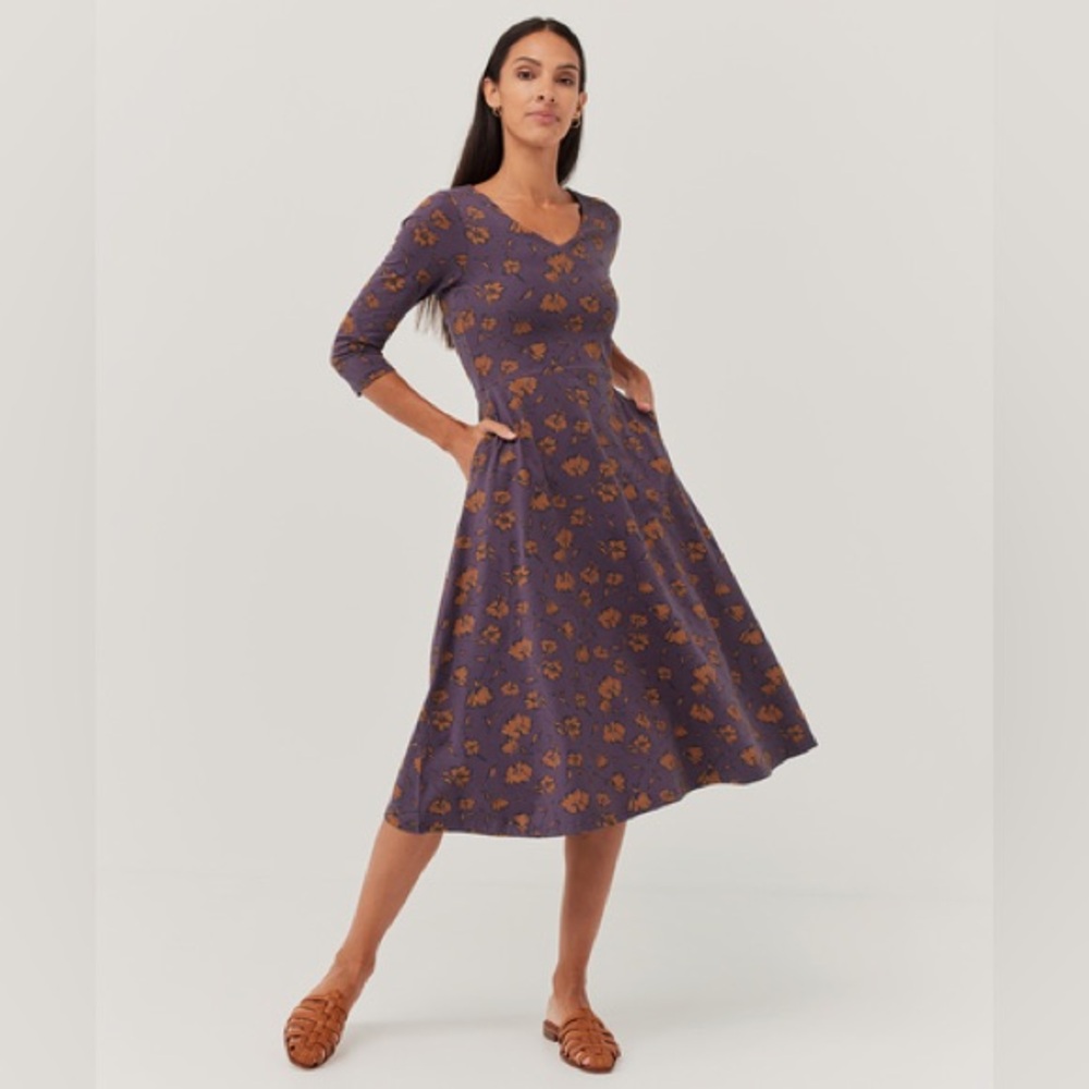 Pact Organic Fit and Flare Midi Party Dress women’s size small Floral Current